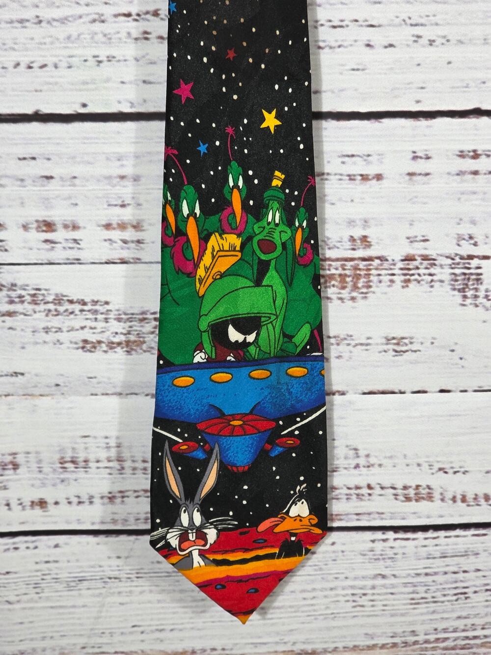 VTG 90s Cartoon Space Novelty Necktie Black Sci-Fi UFO Retro Y2K